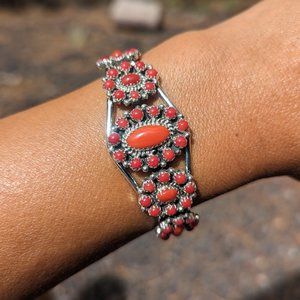 Navajo Handmade Bracelet Oval Coral Cluster Sterling Silver Jewelry Sz 6.25in***